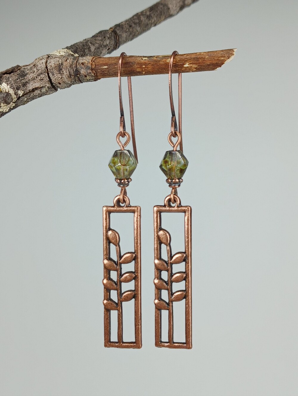 Moss Green Czech Glass Copper Botanical Leaf Earrings Hand Crafted - Picture 2 of 6